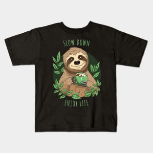 Enjoy Life, Cute Sloth With Coffee Kids T-Shirt